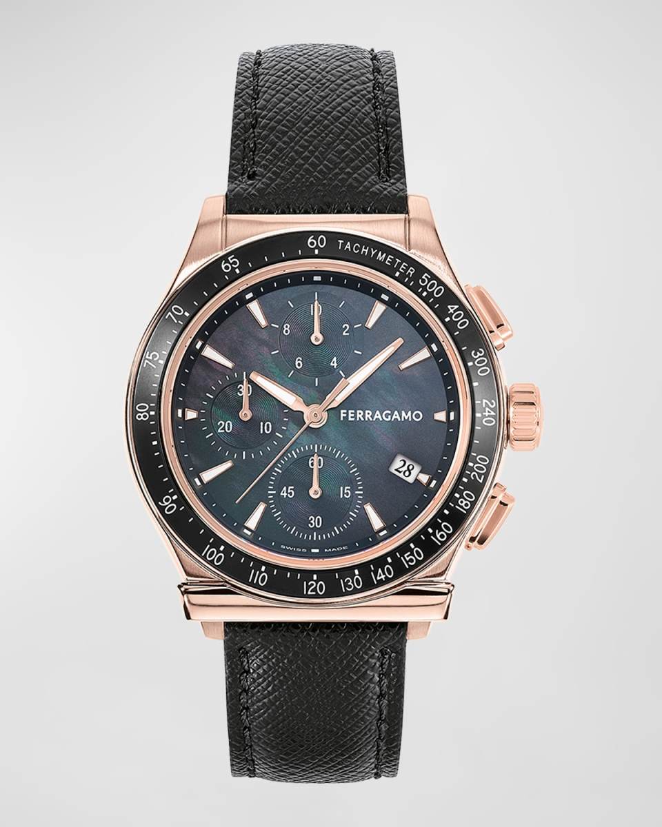 38mm Ferragamo 1927 Chrono Watch with Leather Strap, Black