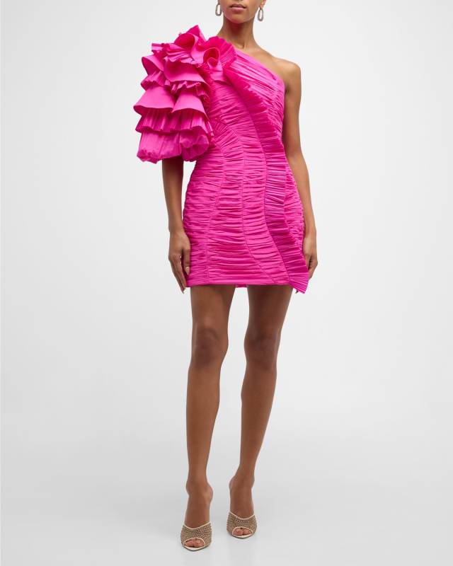 Ascot Pleated One-Shoulder Mini Dress