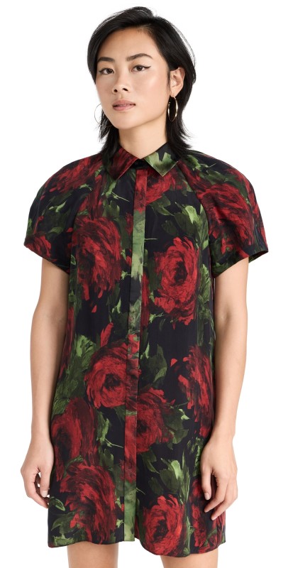 alice + olivia Jem Pleated Puff Sleeve Shirt Dress Cloud Floral