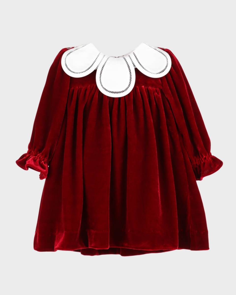 Girl's Petal Collar Velvet Dress, Size 12M-