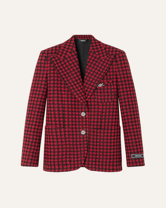 Bicolor Windowpane Tweed Single-Breasted Jacket