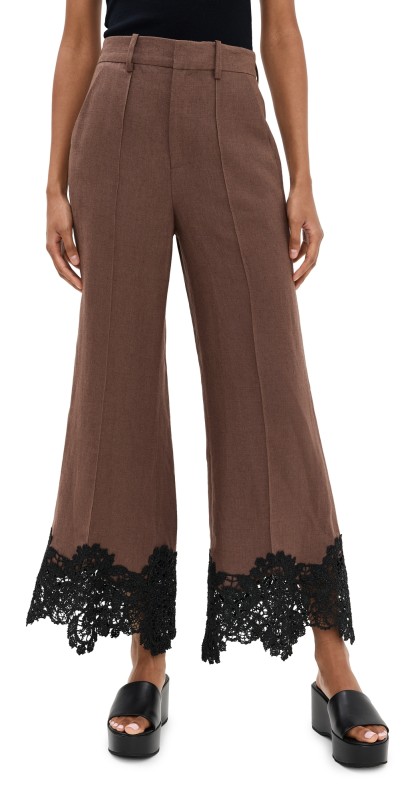 Rosie Assoulin Lace Paneled and Piped Flare Pants Chocolate