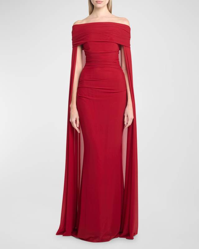Metallic Ruched Off-The-Shoulder Tulle Cape Gown