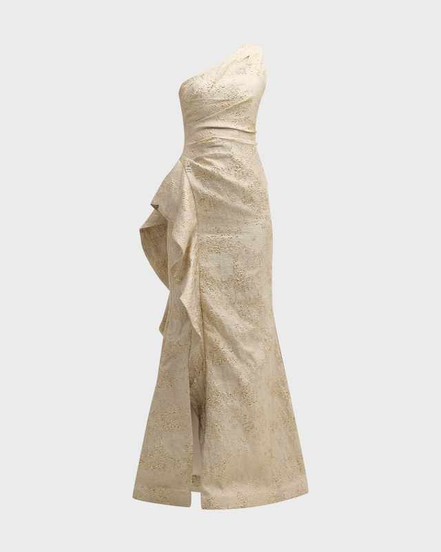 One-Shoulder Jacquard Side-Ruffle Gown