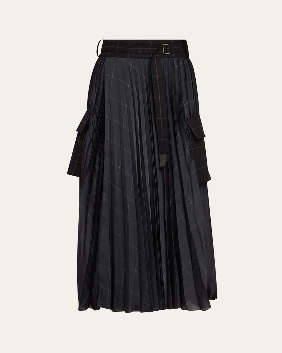 Pleated Belted Windowpane Print Midi Skirt