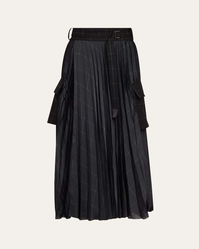 Pleated Belted Windowpane Print Midi Skirt