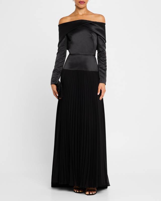 Honor Pleated Off-Shoulder Chiffon & Satin Gown