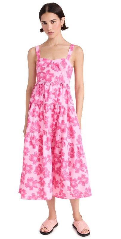 Moon River Sleeveless Tiered Midi Dress Pink Multi