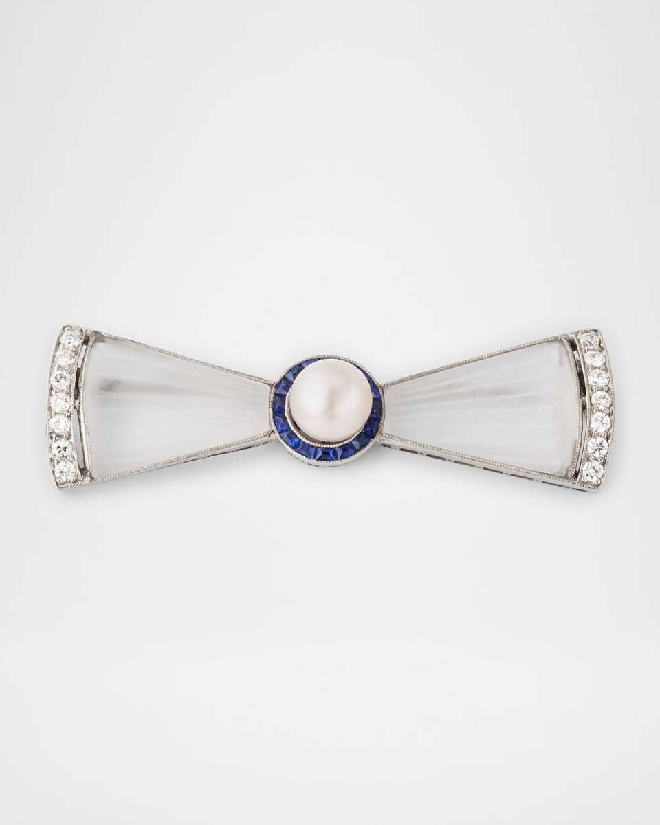 Estate Platinum Diamond and Pearl Bow Pin with Sapphires