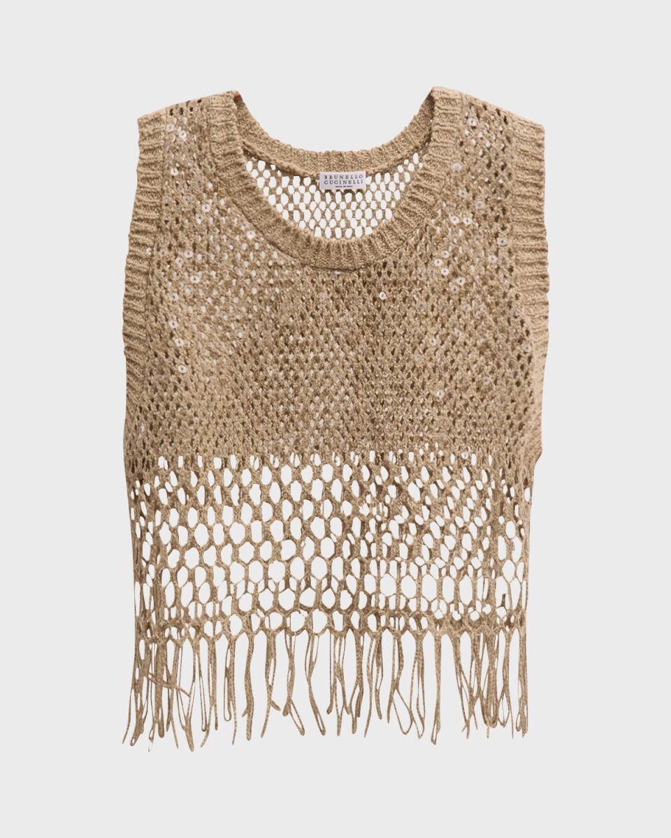 Linen-Silk Degrade Paillette Opera Knit Crop Tank Top With Fringe