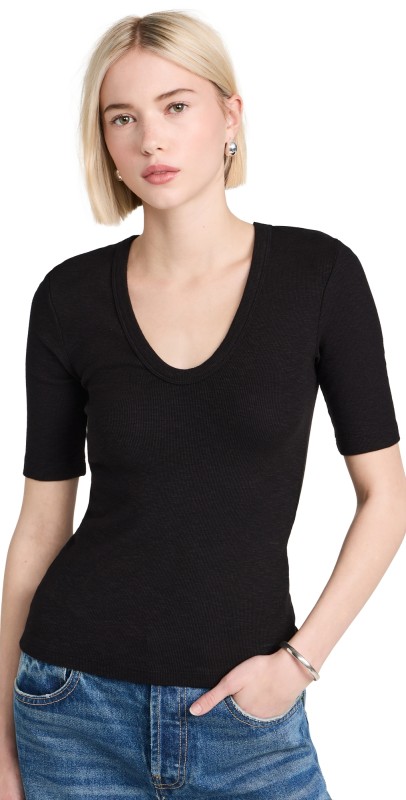 Enza Costa Textured Rib Half Sleeve Scoop Neck Tee Black
