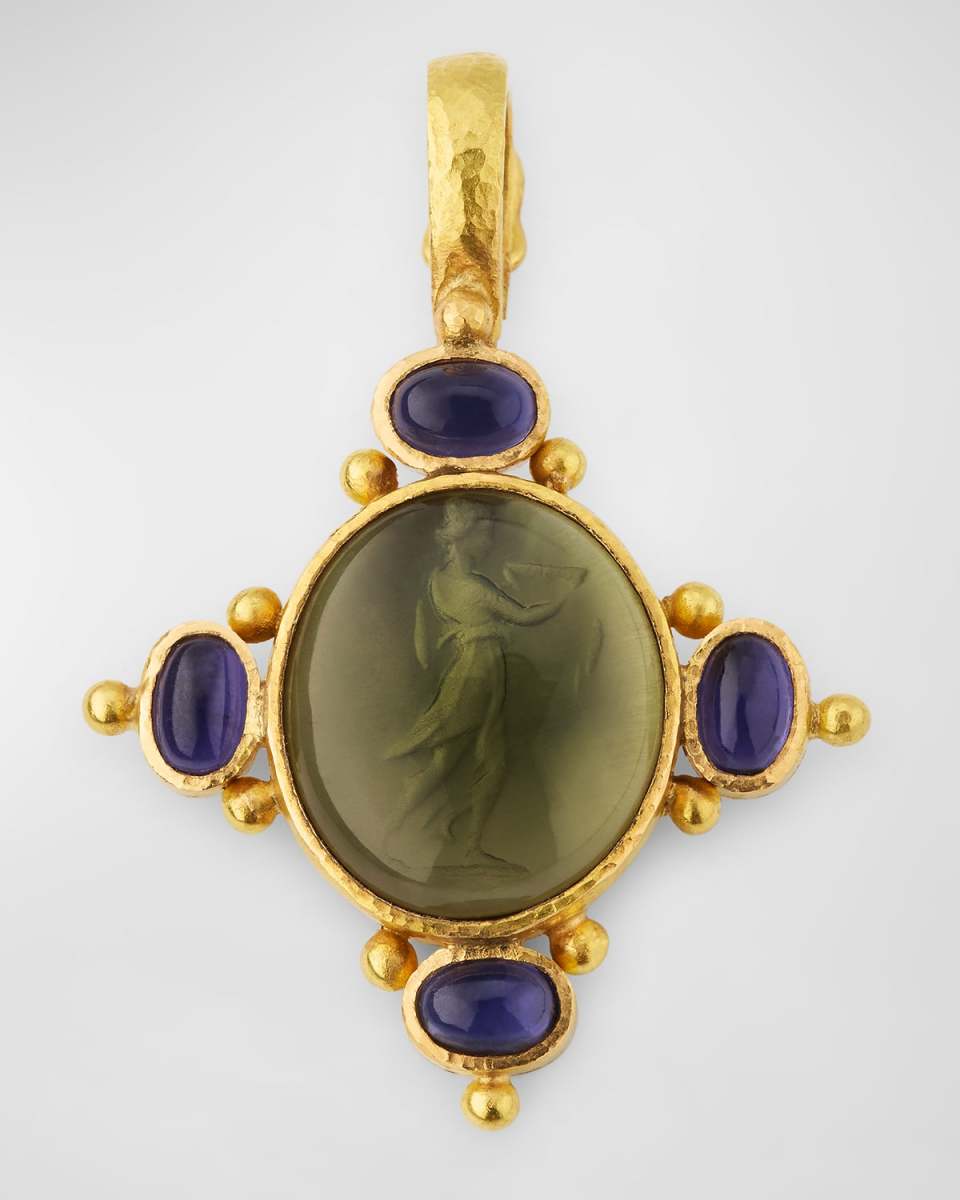 19K Yellow Gold Venetian Glass Intaglio Cabochon Temple Dancer Pendant with Oval Stones and Gold Dots, Smoke