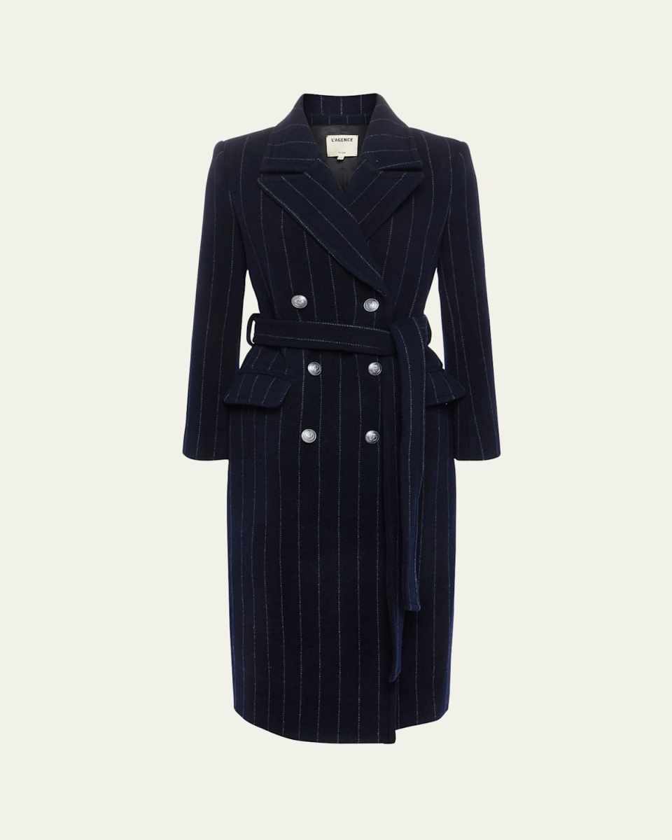 Olina Pinstriped Belted Trench Coat