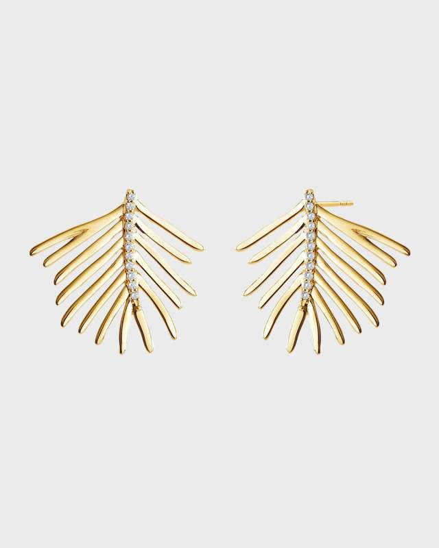 18k Yellow Gold Diamond Palm Leaf Stud Earrings