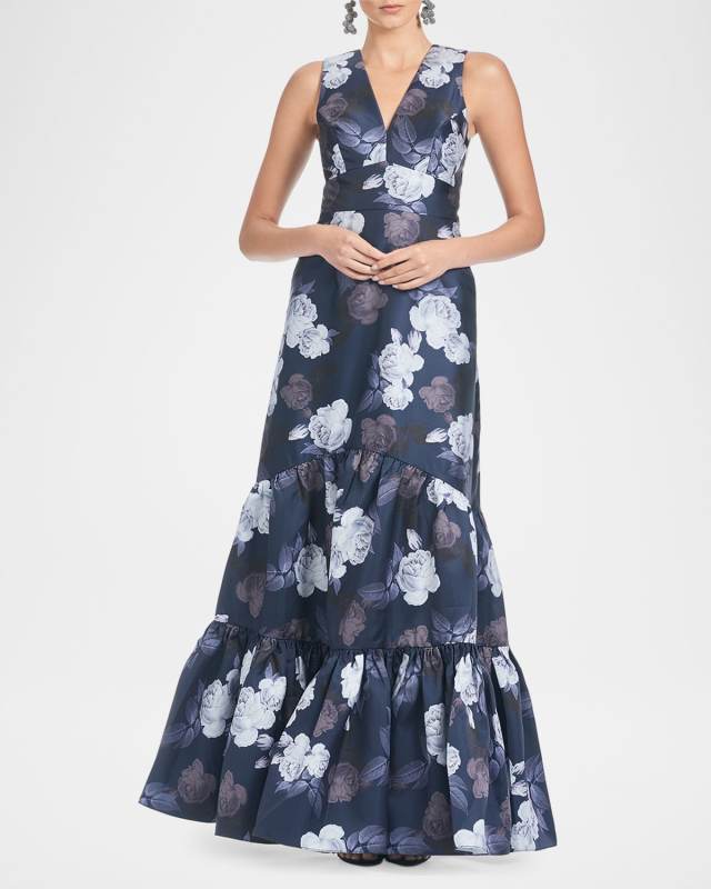 Rori Floral-Print Flounce Tiered Gown