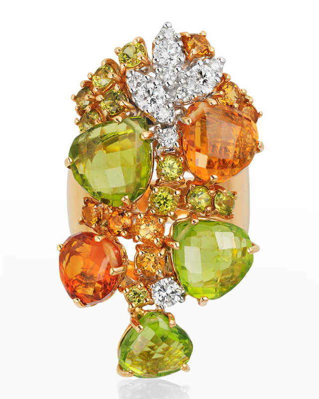 Yellow Gold Diamond, Citrine and Peridot Ring, Size 7.25