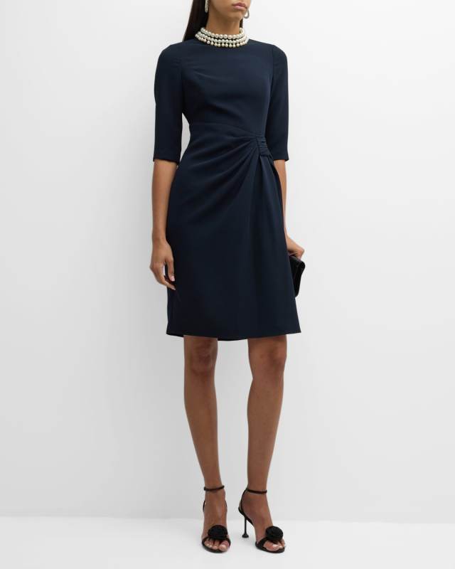 Pleated Pearly-Trim 3/4-Sleeve Midi Dress