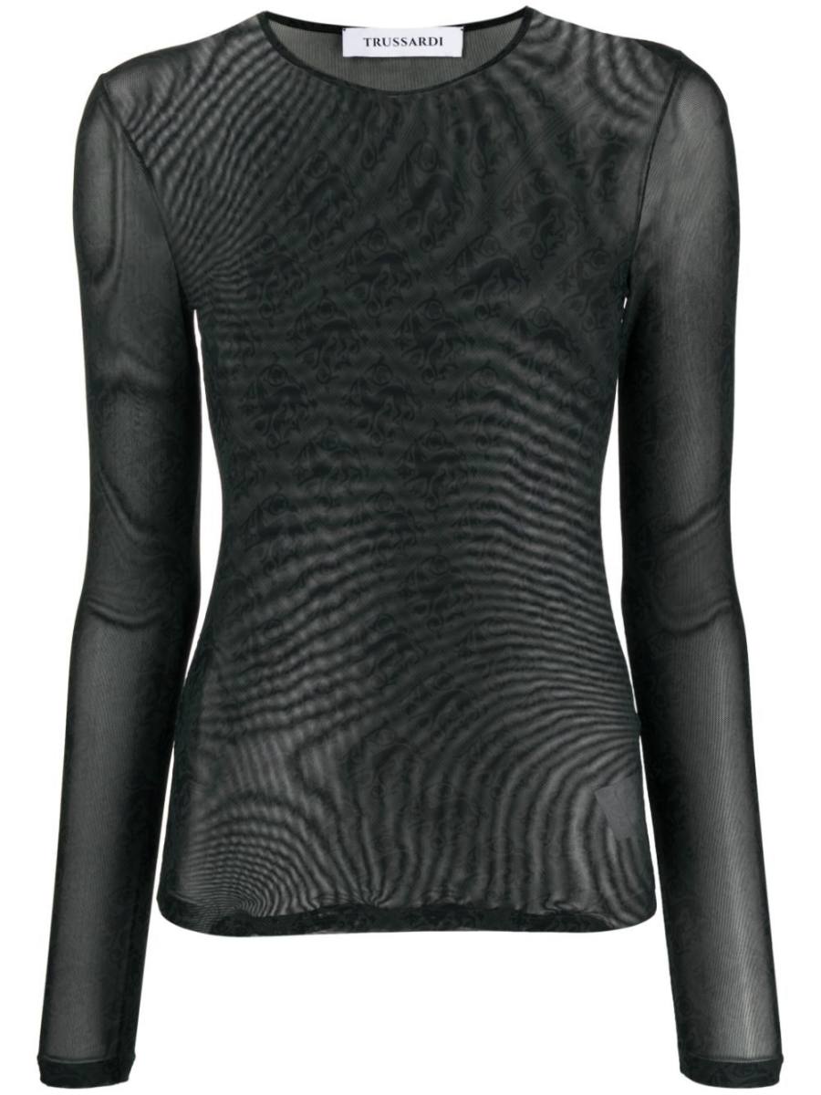 patterned-jacquard semi-sheer T-shirt