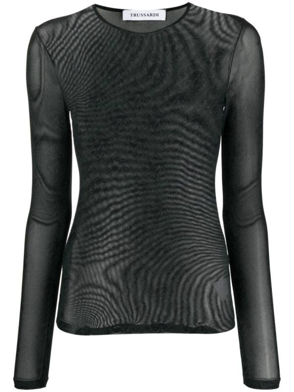 patterned-jacquard semi-sheer T-shirt