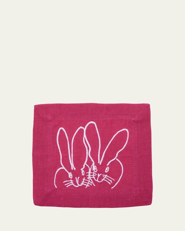 Duet Bunny Embroidered Linen Cocktail Napkins, Set of 6