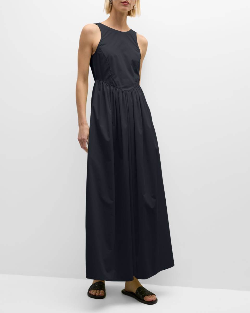 Sleeveless Ruched Cotton Poplin Maxi Dress