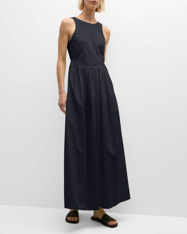 Sleeveless Ruched Cotton Poplin Maxi Dress