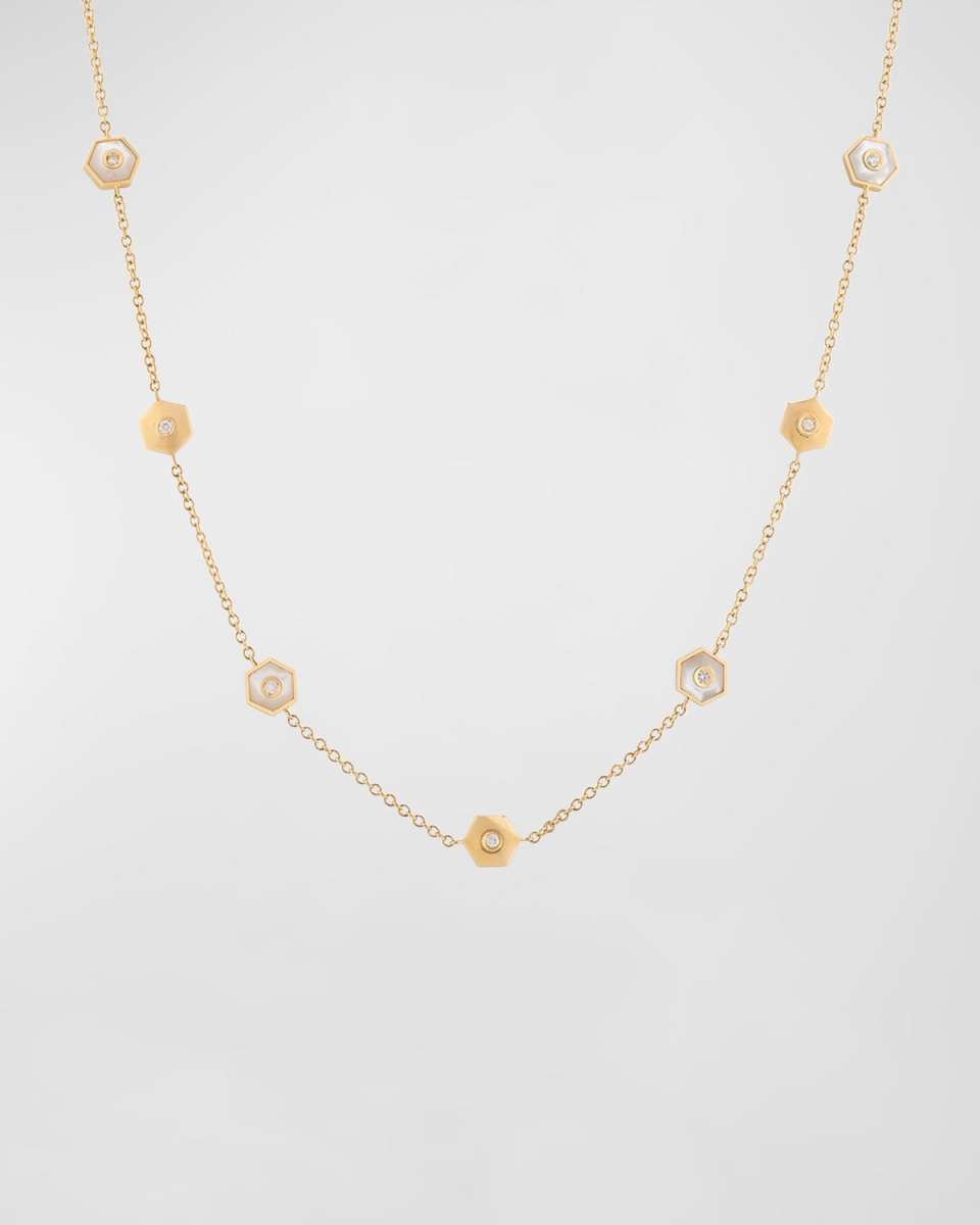 Baia Sommersa 18K Yellow Gold Long Necklace with White Diamonds and Mother-of-Pearl