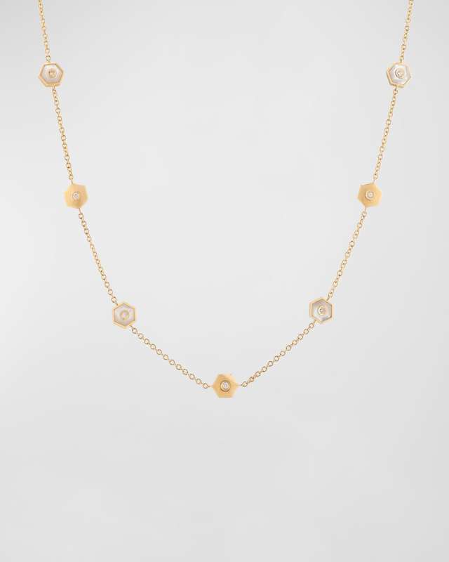 Baia Sommersa 18K Yellow Gold Long Necklace with White Diamonds and Mother-of-Pearl