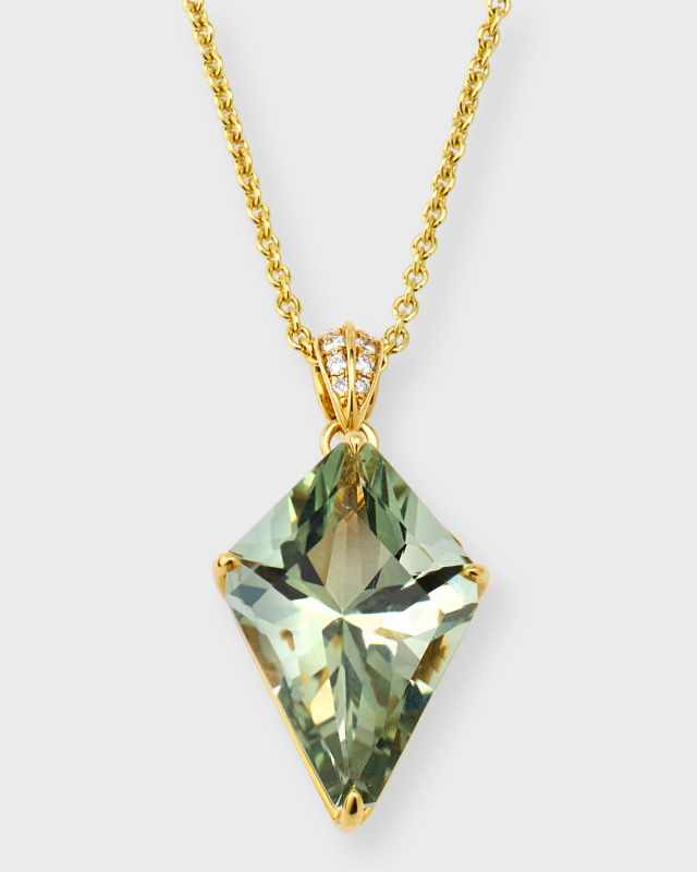 Rocks 18K Yellow Gold Green Quartz Kite and Diamond Bail Pendant Necklace