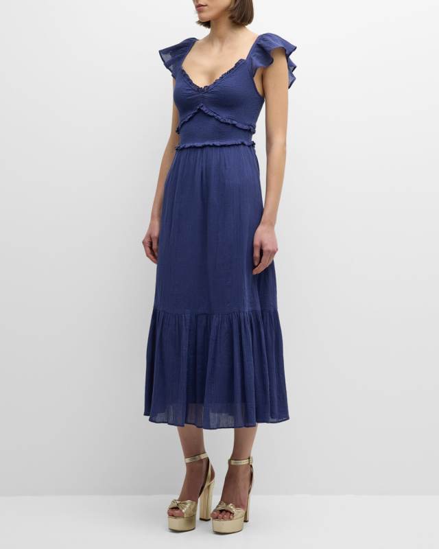 Katina Flutter-Sleeve Ruffle-Trim Cotton Midi Dress