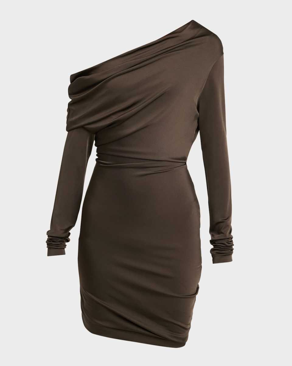 Draped One-Shoulder Long-Sleeve Jersey Mini Dress
