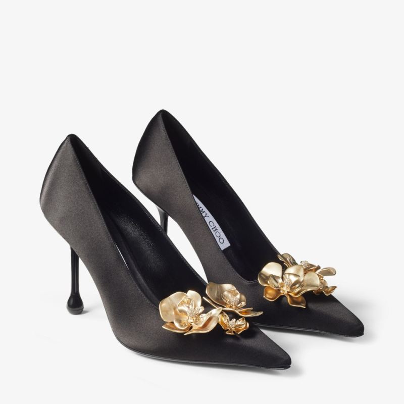 Jimmy Choo Ixia 95 Black Satin Pumps with Flowers