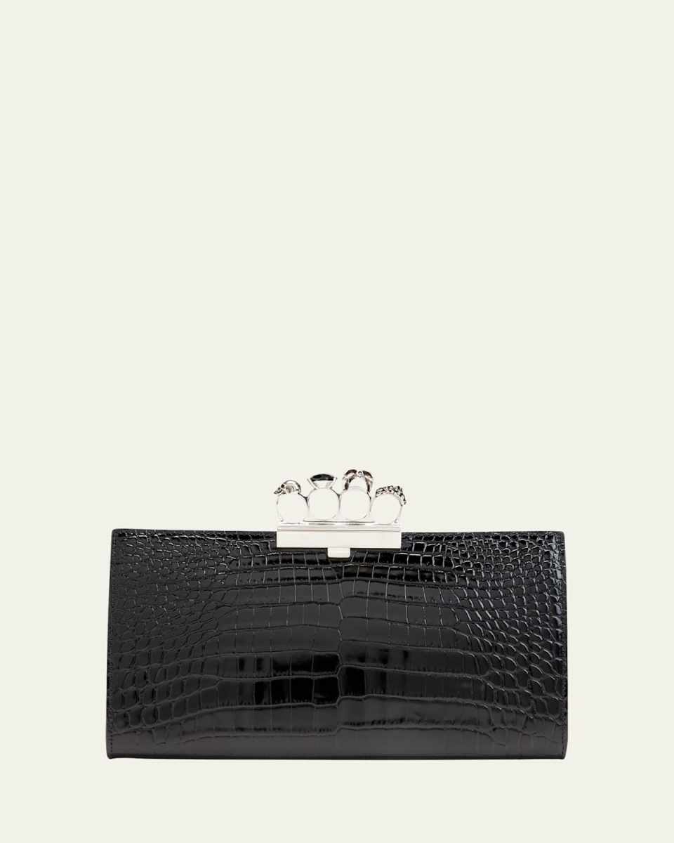 Shiny Croc-Embossed Flat Knuckle Clutch Bag