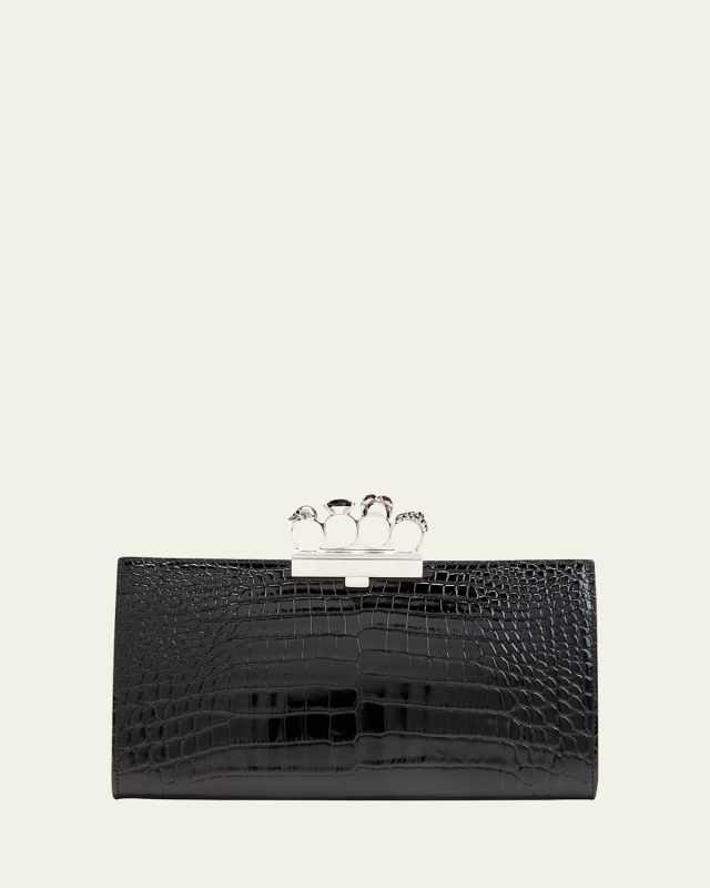 Shiny Croc-Embossed Flat Knuckle Clutch Bag
