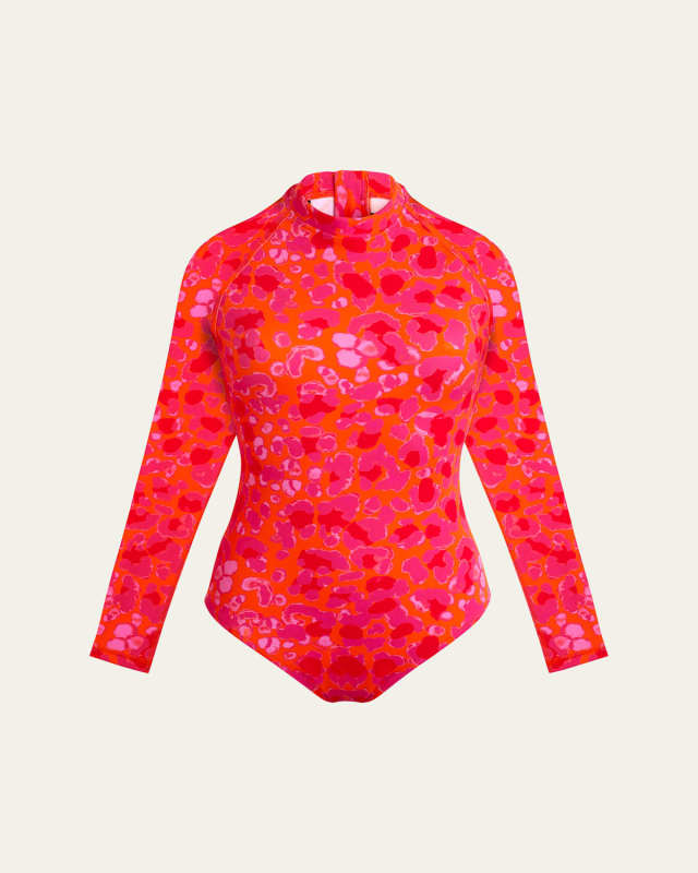 Abstract Leopard Printed Rashguard One-Piece Swimsuit