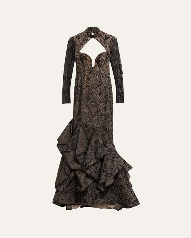 Marianna Cutout Lace Mermaid Gown with Cascading Ruffles
