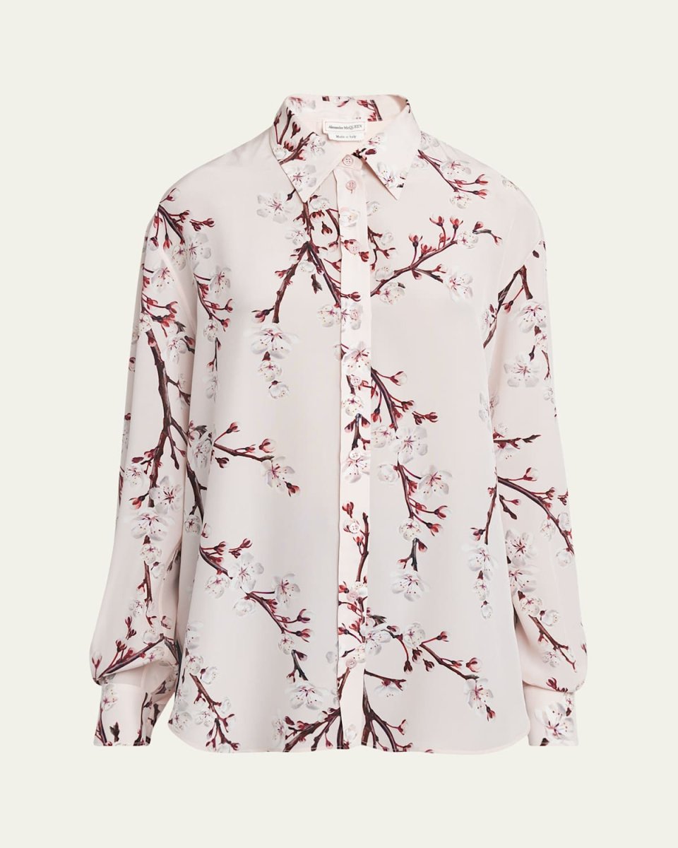 Cherry Blossom Print Button-Front Blouse
