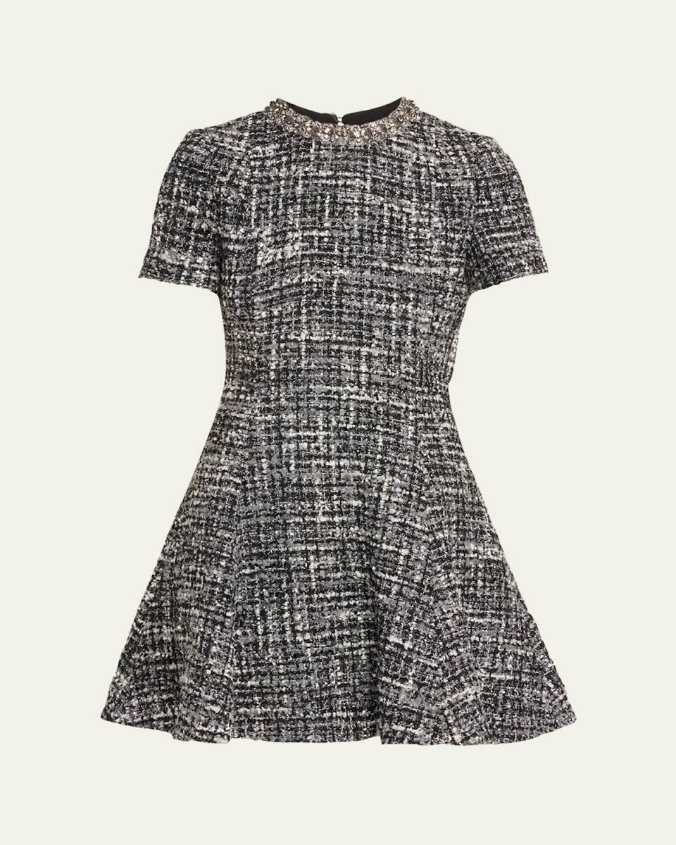 Tweed Crystal Collar Fit-Flare Wool Mini Dress