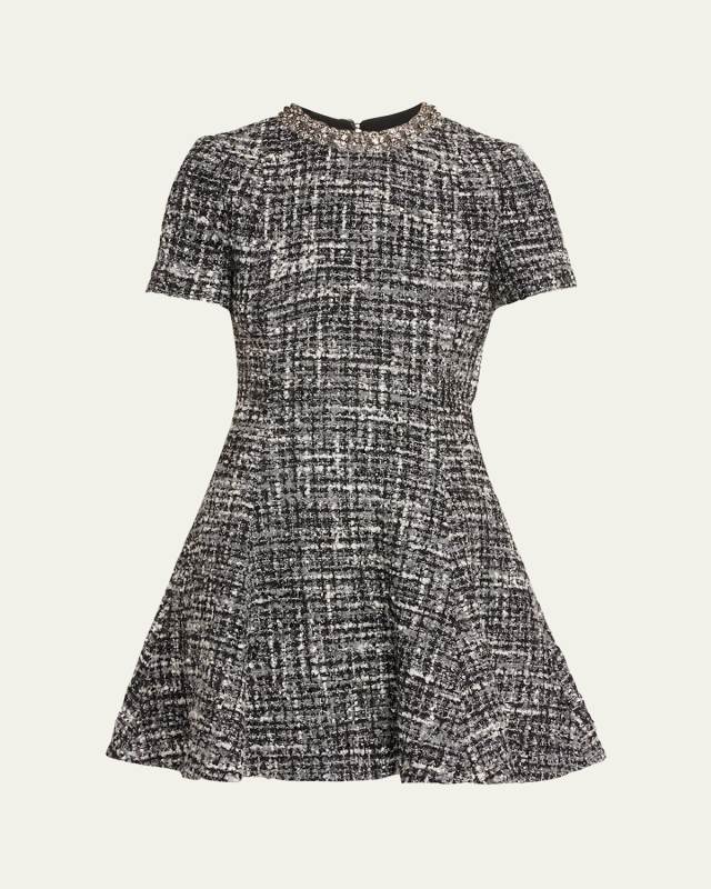 Tweed Crystal Collar Fit-Flare Wool Mini Dress
