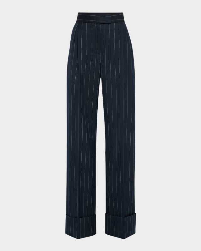 Pinstripe Wide-Leg Cuff Trousers