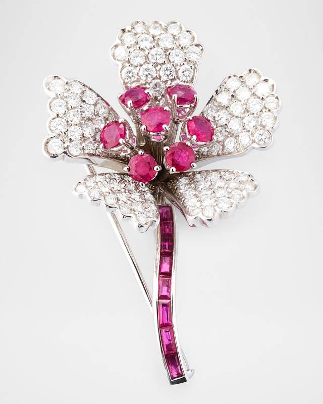 White Gold Ruby and Diamond Flower Brooch