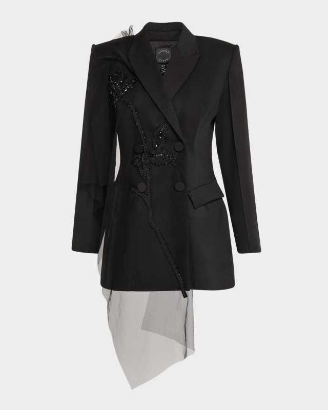 Atlas Beaded Tulle Draping Structured Wool Blazer