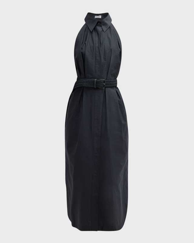 Techno Cotton Poplin Shirtdress with Raffia Belt and Monili Detai