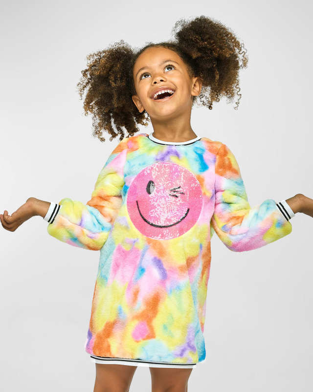 Girl's Multicolor Faux Fur Fuzzy Dress W/ Happy Face Patch, Size 2T-10