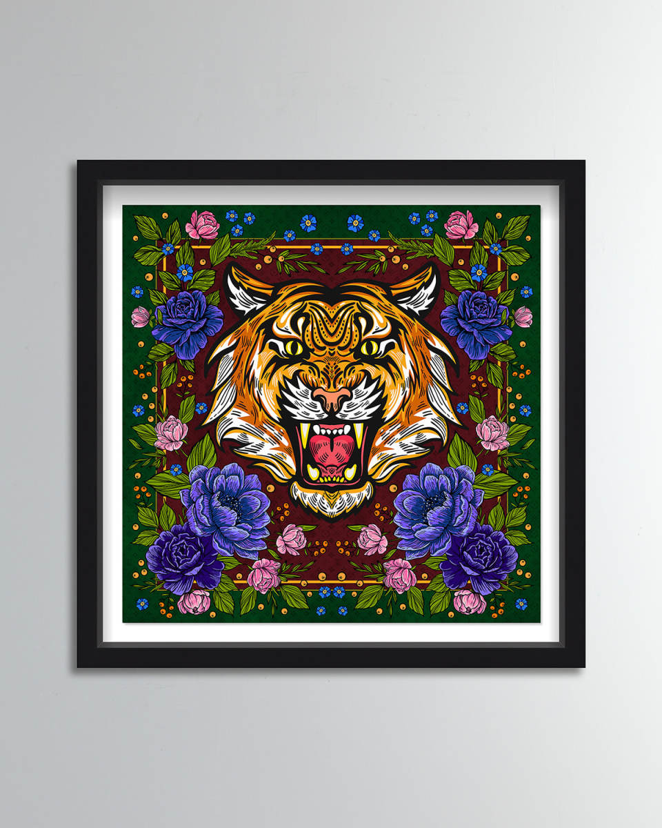Floral Feline Roses Giclee Art Print
