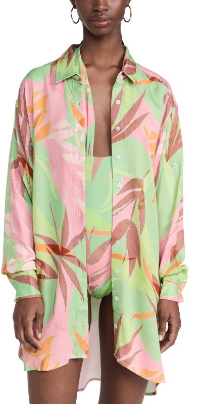 Nomads Sol Button-Up Shirt Dress Birds Of Paradise Print