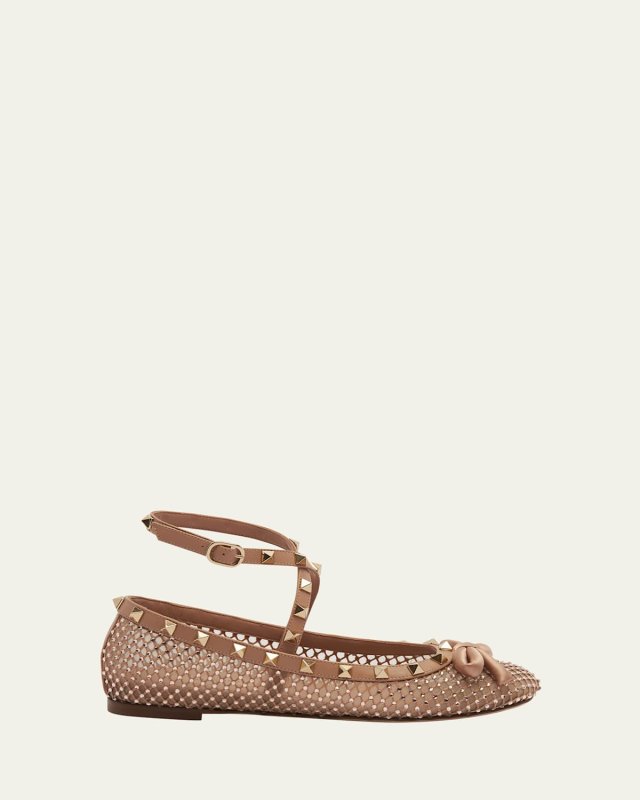 Rockstud Crystal Net Ankle-Strap Ballerina Flats