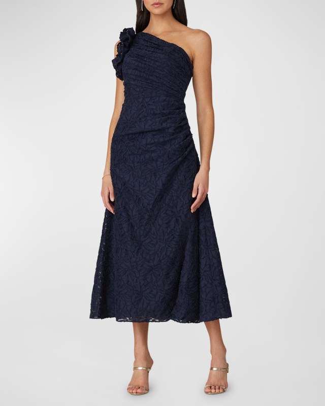 Pleated Burnout One-Shoulder Midi Dress