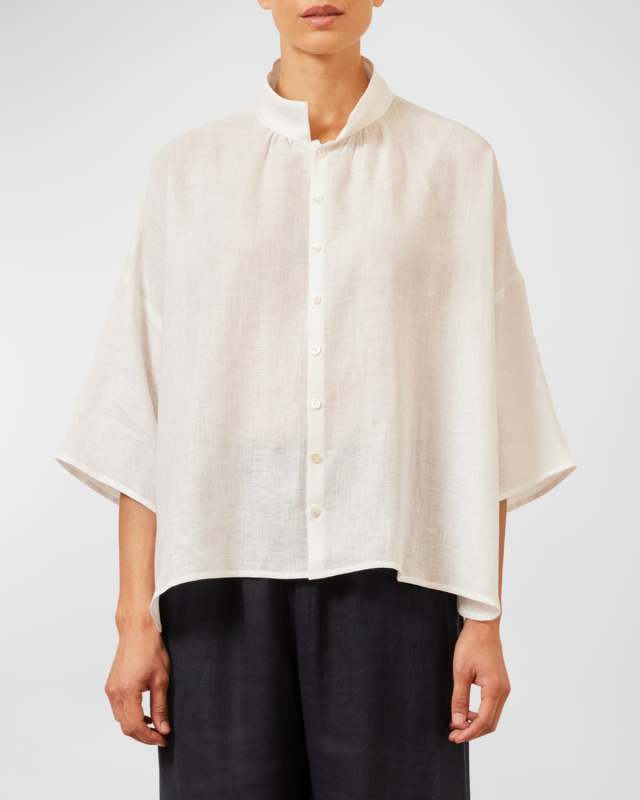 Sloped-Shoulder Wide A-Line Pleated Collar Short-Sleeve Shirt (Mid Length)