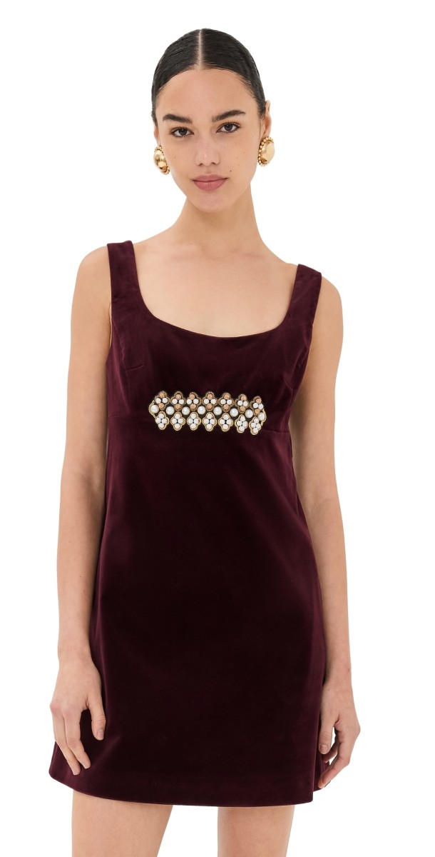 La DoubleJ Ella Embroidered Velvet Mini Dress Solid